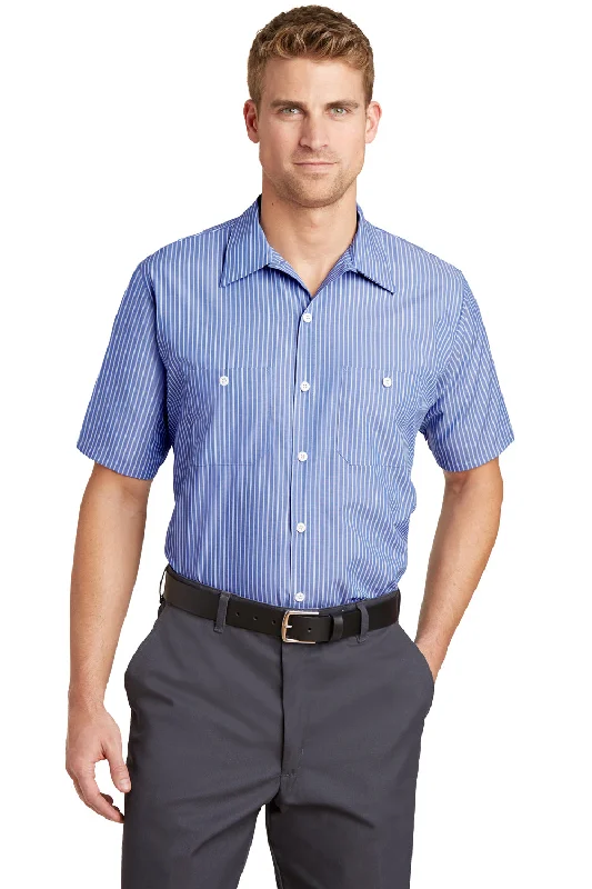 New Deal Red Kap Mens Industrial Moisture Wicking Short Sleeve Button Down Shirt w/ Double Pockets - Blue/White - Closeout New Deal Red Kap Mens Industrial Moisture Wicking Short Sleeve Button Down Shirt w/ Double Pockets - Blue/White - Closeout