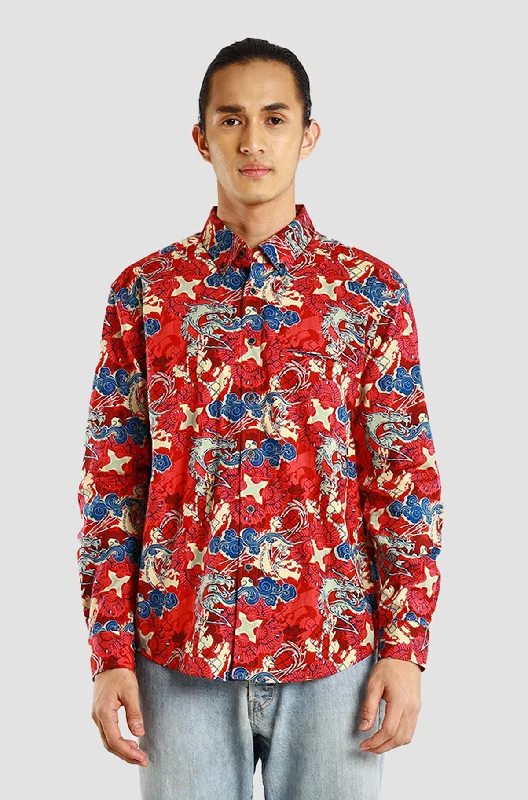 Doorbuster Deal Nusantara Slim Fit Long Sleeve Hydra Flames in Scarlet Red