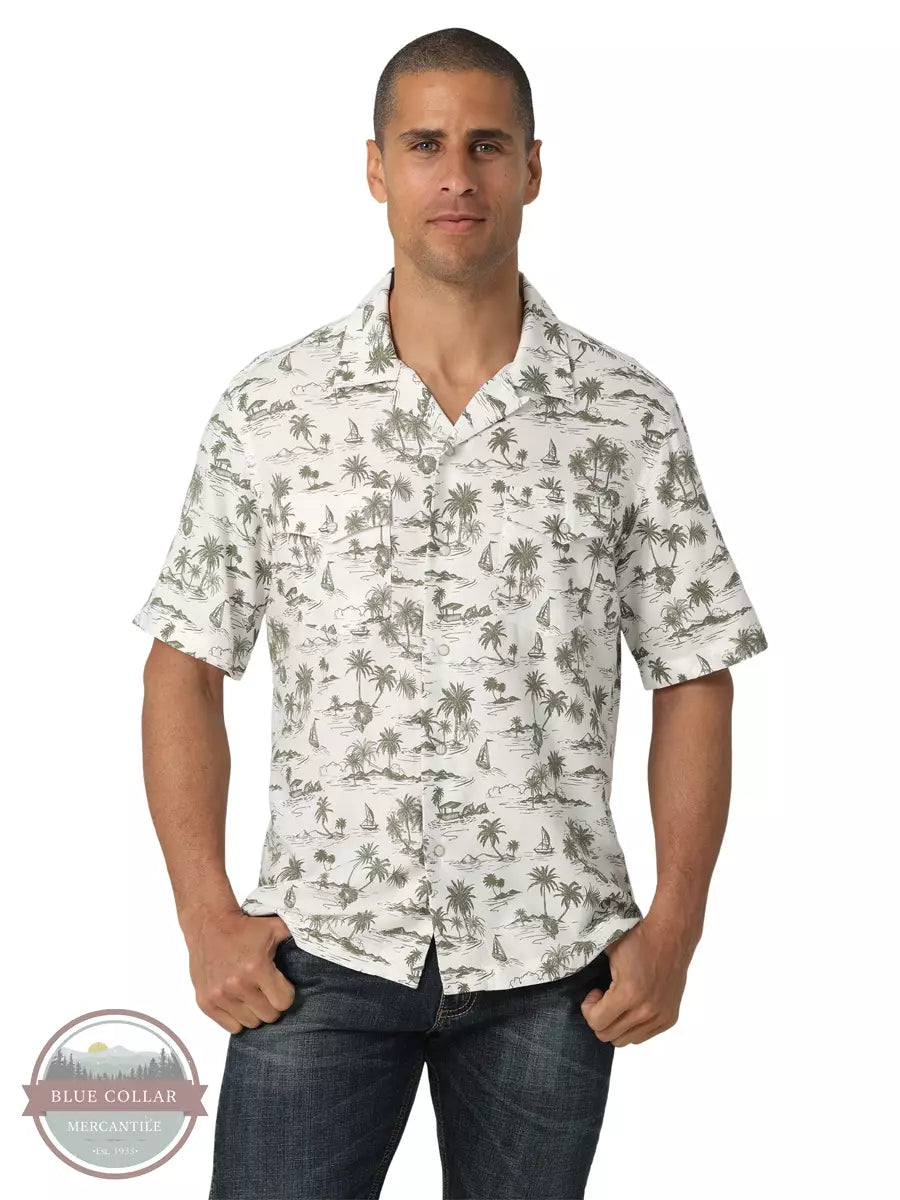 Weekend Discounts to Snag WRANGLER COCONUT COWBOY SHORT SLEEVE SNAP CAMP SHIRT IN A WHITE TROPICAL PRINT
