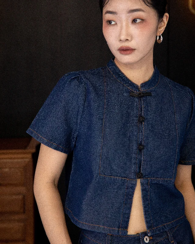 Make Your Weekend Count with Savings Modern Cheongsam Denim Top (Denim)