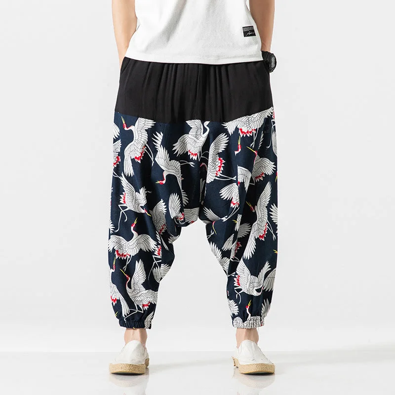 Sale Event Linen Chinese Style Harem Pants Cranes Pattern Loose Pants