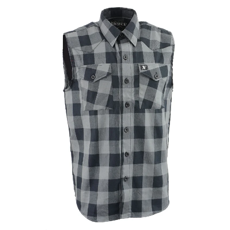 Quick Deals Milwaukee Leather MPM1648 Men’s Classic Black and Grey Button-Down Flannel Cut Off Sleeveless Casual Shirt