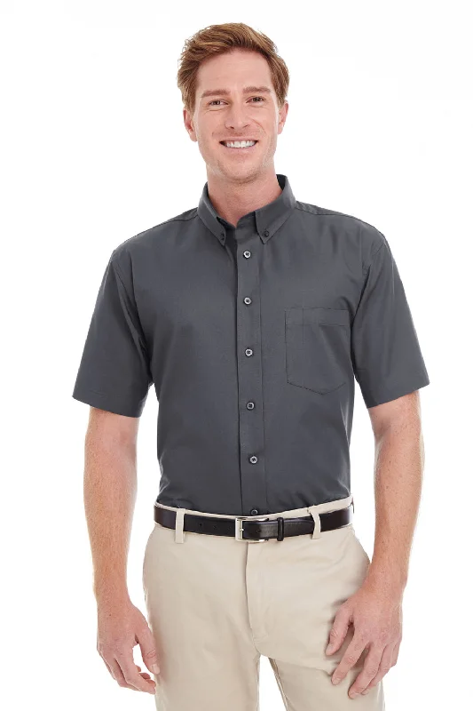 Great Deal Harriton Mens Foundation Stain Resistant Short Sleeve Button Down Shirt w/ Pocket - Dark Charcoal Grey - Closeout Great Deal Harriton Mens Foundation Stain Resistant Short Sleeve Button Down Shirt w/ Pocket - Dark Charcoal Grey - Closeout