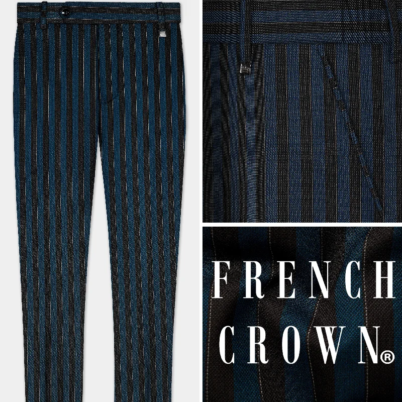 Unbeatable Deal Daintree Blue And Jade Black Striped Wool Blend Stretchable Waistband Pant
