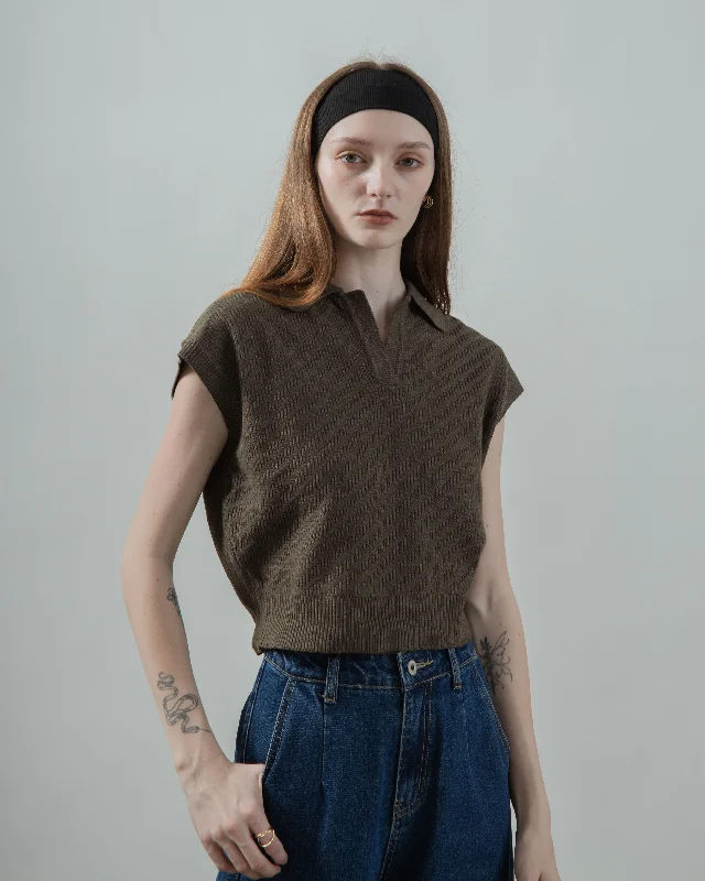 Exclusive Weekend Offers Inside V Placket Collared Knit Top (Dark Khaki)