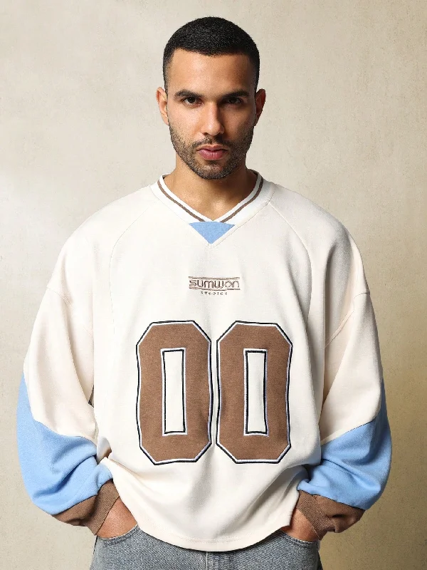 Super Savings Oversized Fit Colour Block V-Neck Sweatshirt With Embroidery & Applique Super Savings Oversized Fit Colour Block V-Neck Sweatshirt With Embroidery & Applique