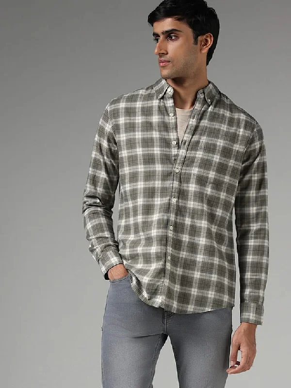 Cash Savings WES Casuals Light Olive Checked Cotton Slim-Fit Shirt