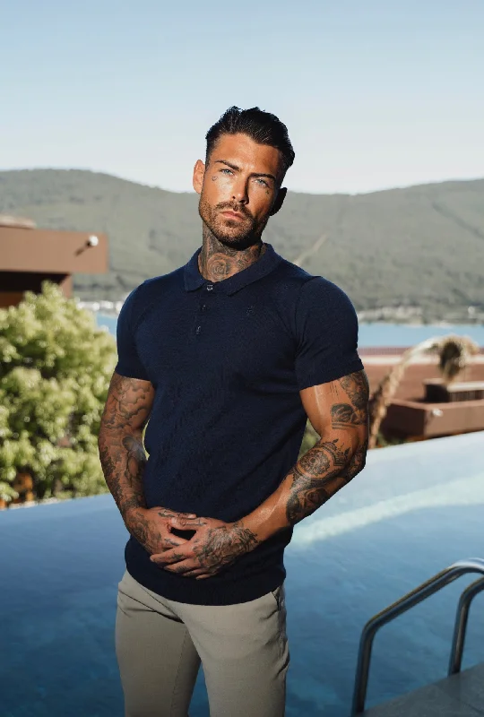 Super Bargain Father Sons Classic Navy Merino Wool Knitted Polo Jumper Short Sleeve With FS Embroidery- FSN026 Super Bargain Father Sons Classic Navy Merino Wool Knitted Polo Jumper Short Sleeve With FS Embroidery- FSN026