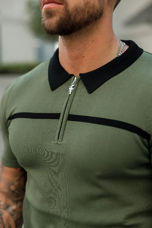 Great Deal Father Sons Classic Khaki / Black Horizontal Stripe Zipped Polo Short Sleeve - FSN042 Great Deal Father Sons Classic Khaki / Black Horizontal Stripe Zipped Polo Short Sleeve - FSN042