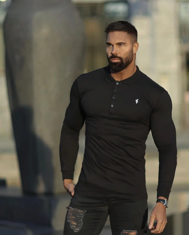 Hurry In Father Sons Classic Black Polo Long Sleeve Shirt (White Emblem) - FSH033