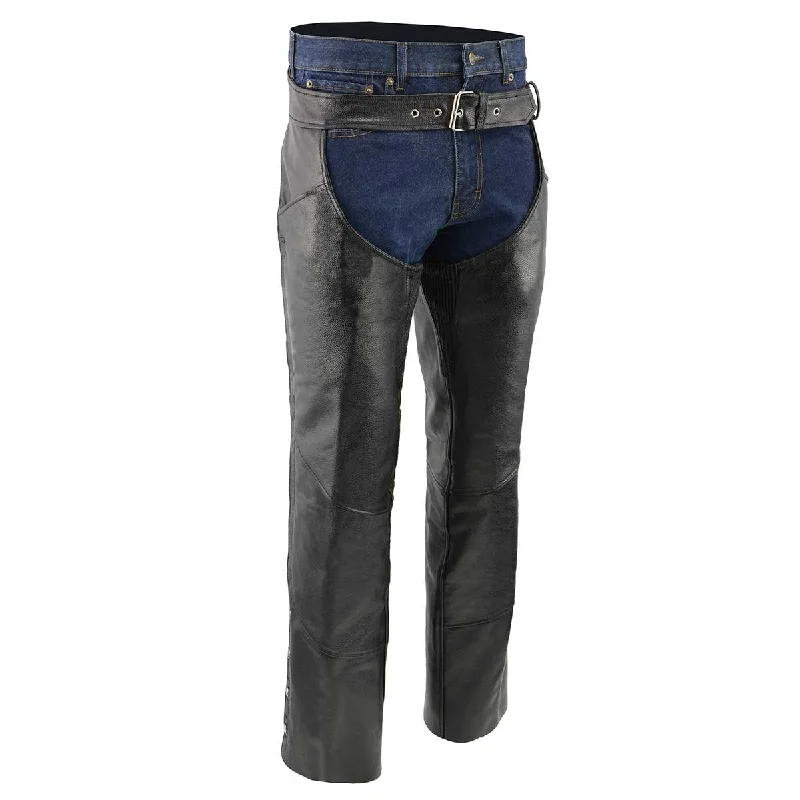 Super Sale Men's XS432 Classic Black Thermal Lined Leather Motorcycle Chaps with Jean Style Pockets Super Sale Men's XS432 Classic Black Thermal Lined Leather Motorcycle Chaps with Jean Style Pockets