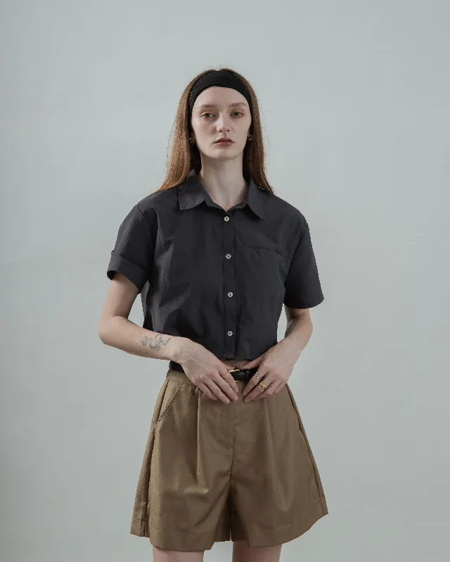 Stock Up Box Cut Crinkle Cropped Shirt (Grey)