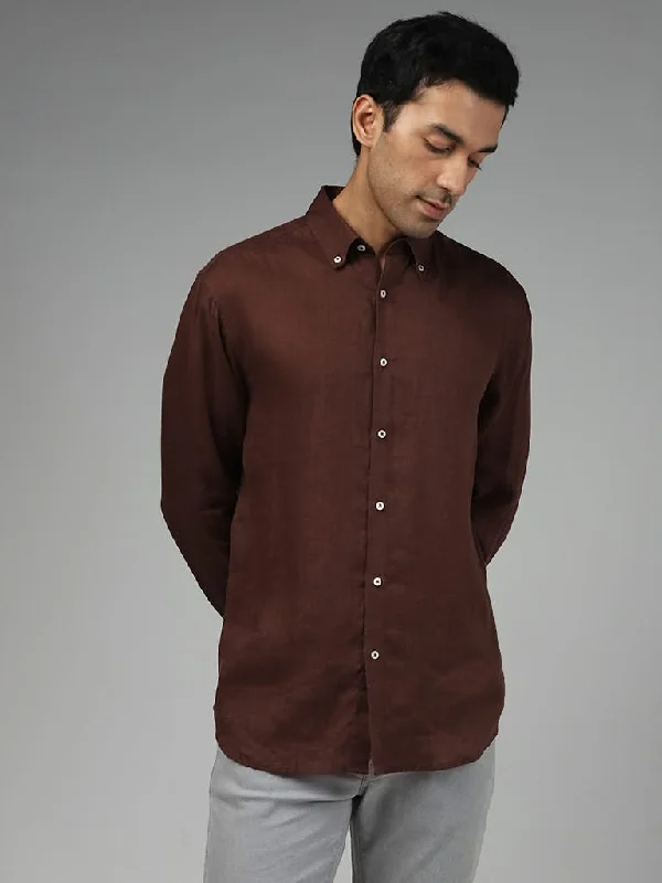 Incredible Offers Ascot Solid Brown Relaxed-Fit Linen Shirt