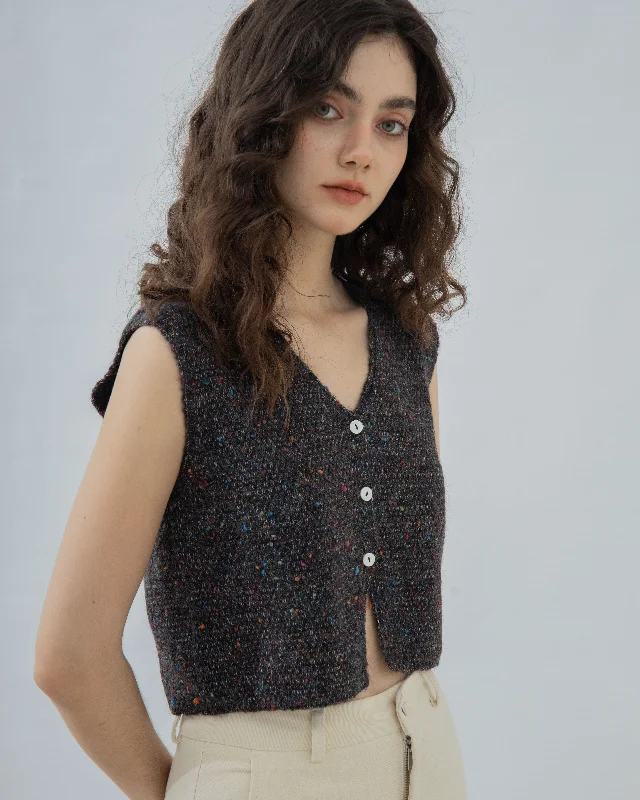 Weekend Offers That Delight V Neck Button Down Crop Knit Top (Black Mix)