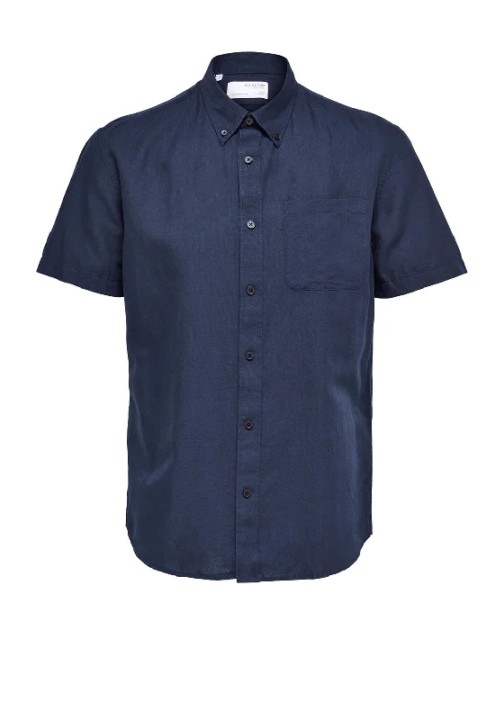 Value Deals Selected Homme Rick Linen Short Sleeve Shirt, Dark Sapphire