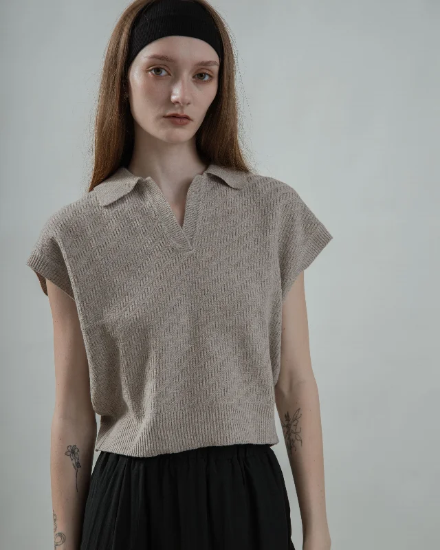 Weekend Discounts Worth Grabbing V Placket Collared Knit Top (Ash Brown)