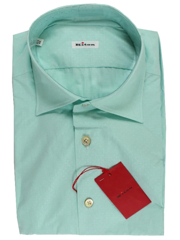 Weekend Discounts to Celebrate Kiton Short Sleeve Shirt Mint Green Pattern 44 - 17 1/2 REDUCED SALE