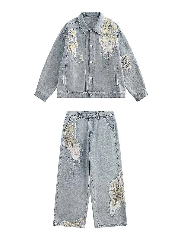 Buy Now Washed Ripped Lace Spliced Denim Set