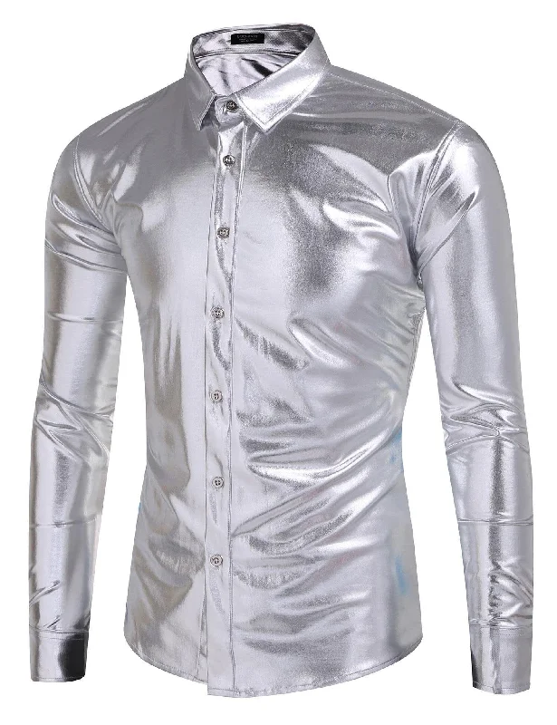 Low Cost Metallic Disco Shiny Button Nightclub Party Shirt (US Only)