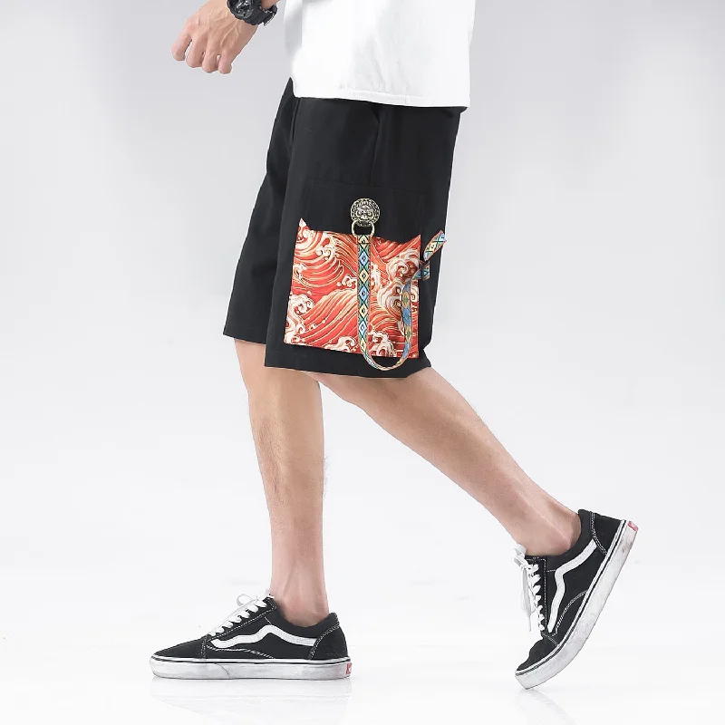 Discount Deals Sea Waves Pattern Pocket Linen Beach Pants Loose Pants Chinese Style Shorts