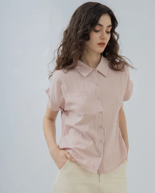 Year-End Clearance Folded Sleeve Short Sleeve Blouse (Pink)