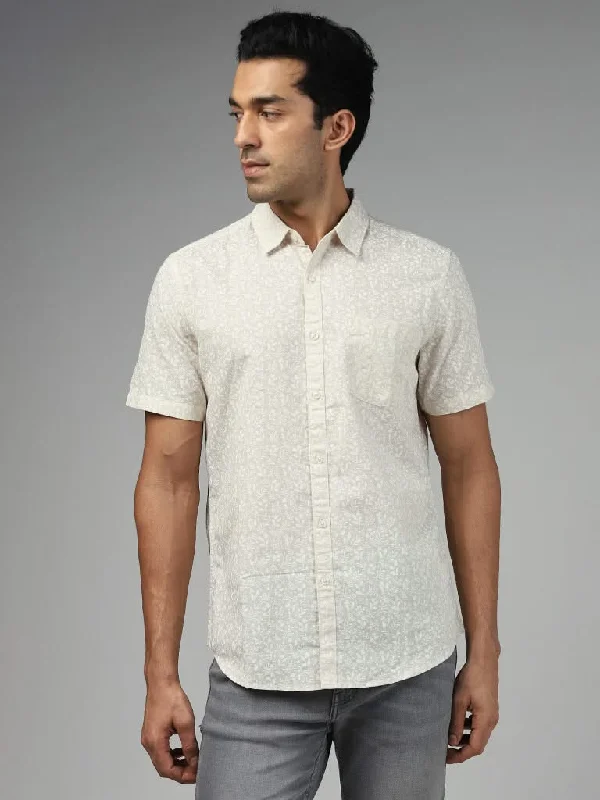 Discount Mania WES Casuals Beige Floral Printed Slim-Fit Blended Linen Shirt