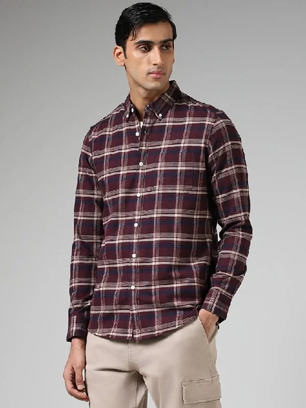 Best Bargains WES Casuals Wine Checked Cotton Relaxed-Fit Shirt