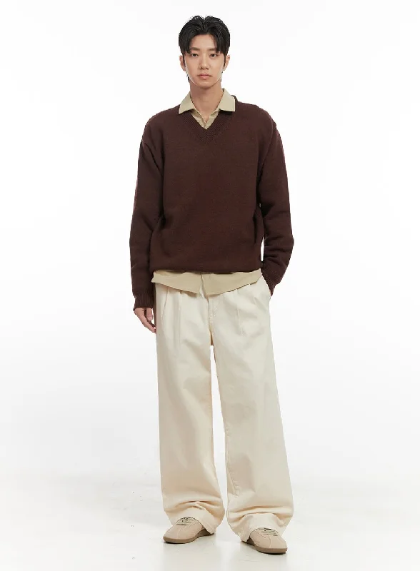 Markdown Madness Men's Pintuck Wide Leg Cotton Pants (Light beige) ID413