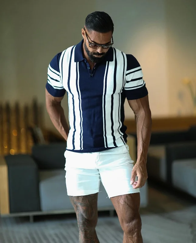 Deal Dash Father Sons Classic Navy / Off White Knitted Vertical Stripe Polo Short Sleeve - FSN105