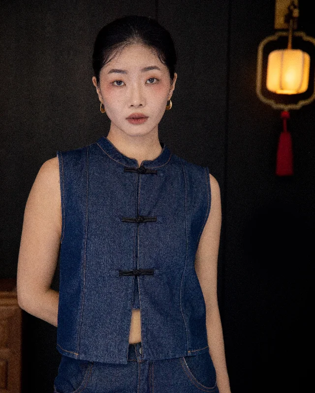 Sale Event Sleeveless Cheongsam Denim Top (Denim)