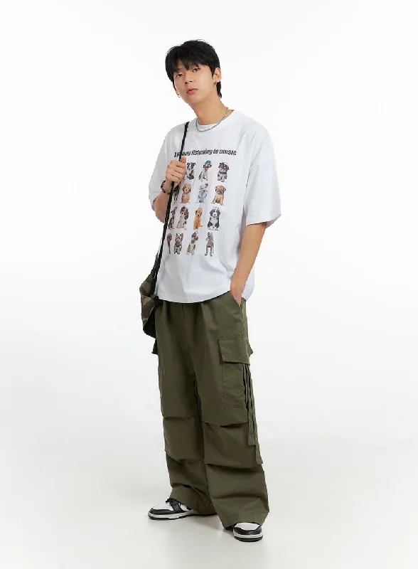 Great Bargain Men's Cargo Chic Wide-Leg Pants (Dark Green) IG402