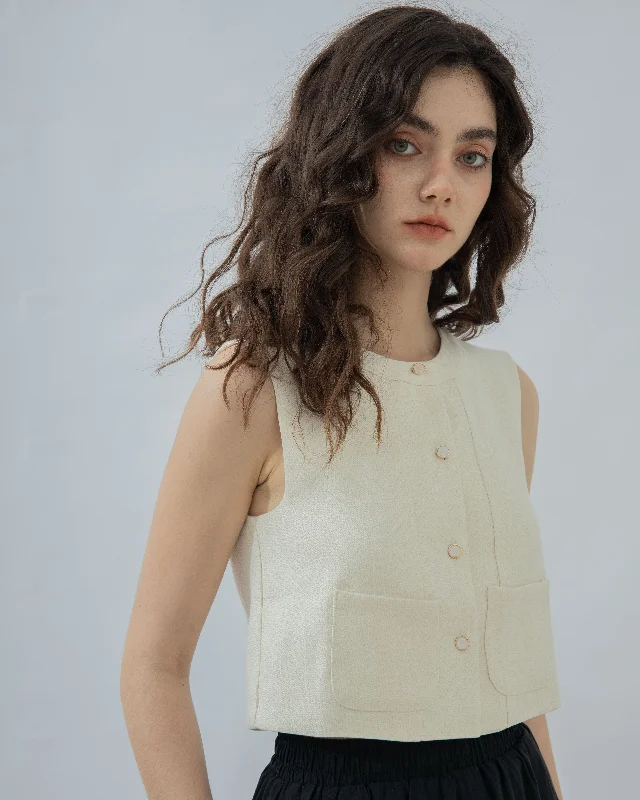 Closeout Deal Sleeveless Pocket Crop Top (Beige Mix)