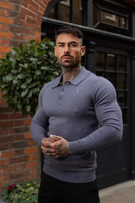 Unwind with Weekend Discounts Father Sons Classic Gunmetal Knitted Polo Jumper Long Sleeve With Tonal FS Embroidery- FSN141 Unwind with Weekend Discounts Father Sons Classic Gunmetal Knitted Polo Jumper Long Sleeve With Tonal FS Embroidery- FSN141