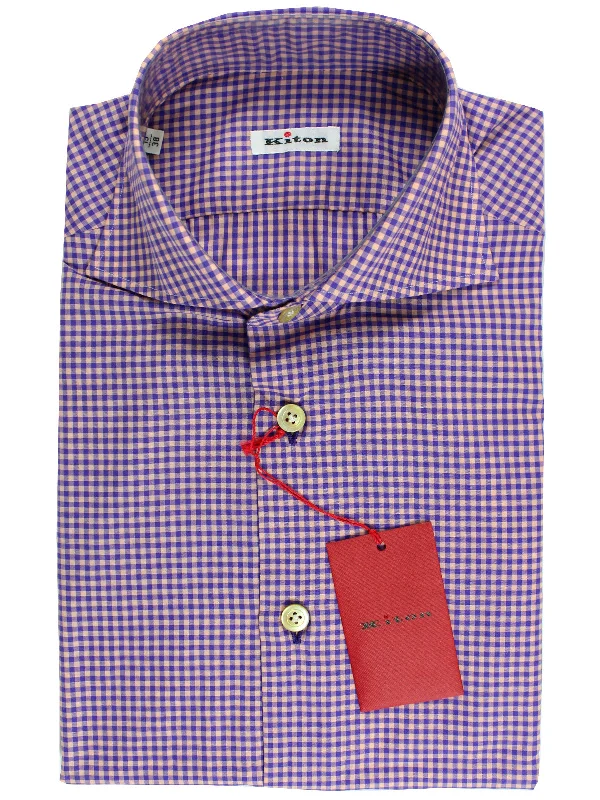 Weekend Discounts to Enjoy Kiton Short Sleeve Shirt Purple Pink Check 38 - 15 REDUCED SALE