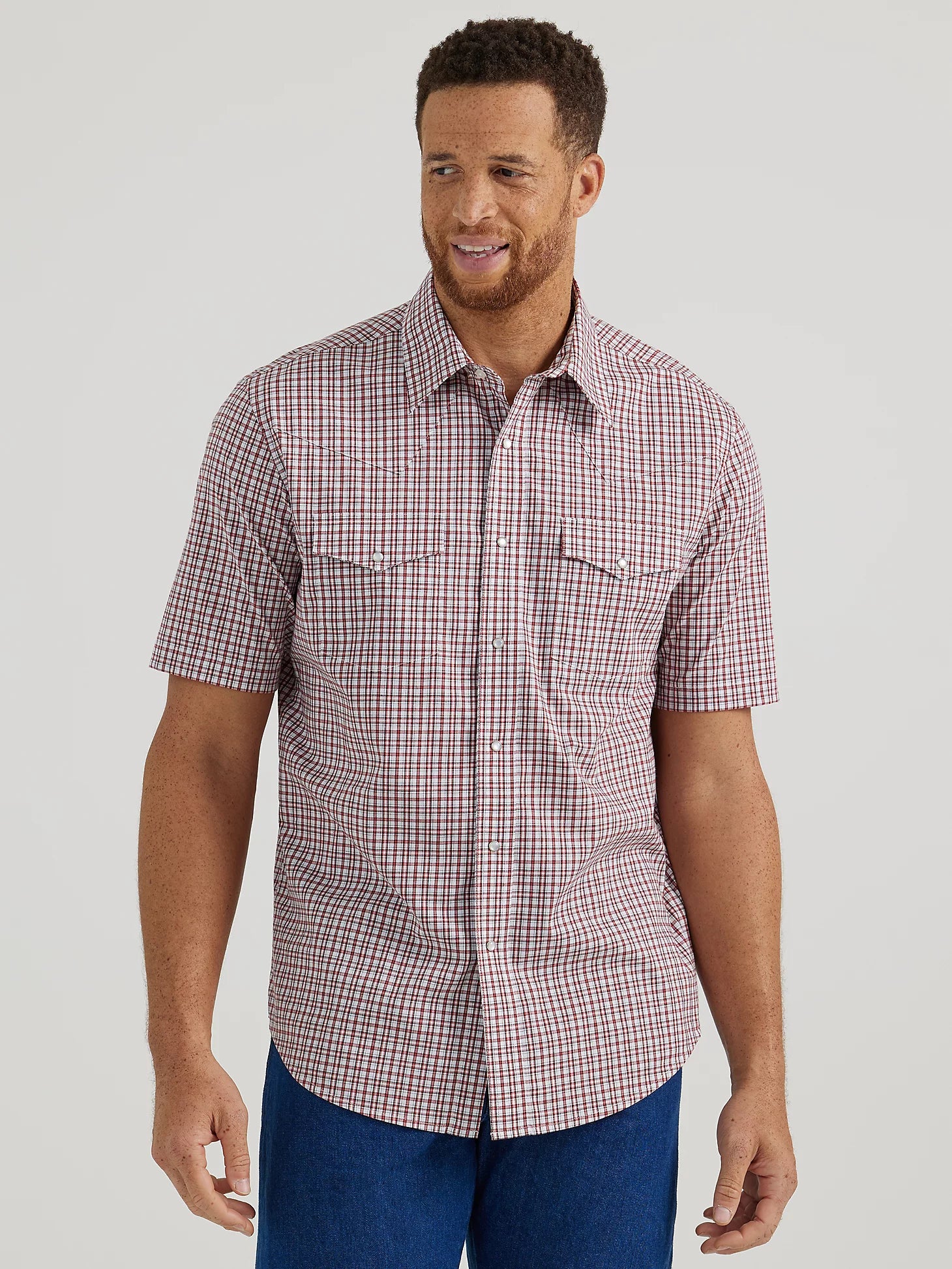 Weekend Discounts to Love WRANGLER CHERRY RED PLAID WRINKLE RESIST SHORT SLEEVE SNAP SHIRT Weekend Discounts to Love WRANGLER CHERRY RED PLAID WRINKLE RESIST SHORT SLEEVE SNAP SHIRT