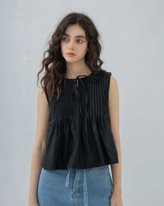 Weekend Discounts to Indulge In Sleeveless Pintuck Front-Tie Top (Black)
