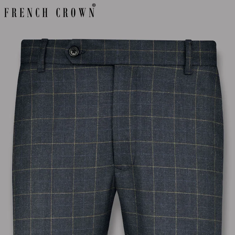 Weekend Savings Bonanza Charcoal With Thin Yellow Windowpane Wool Rich Pant