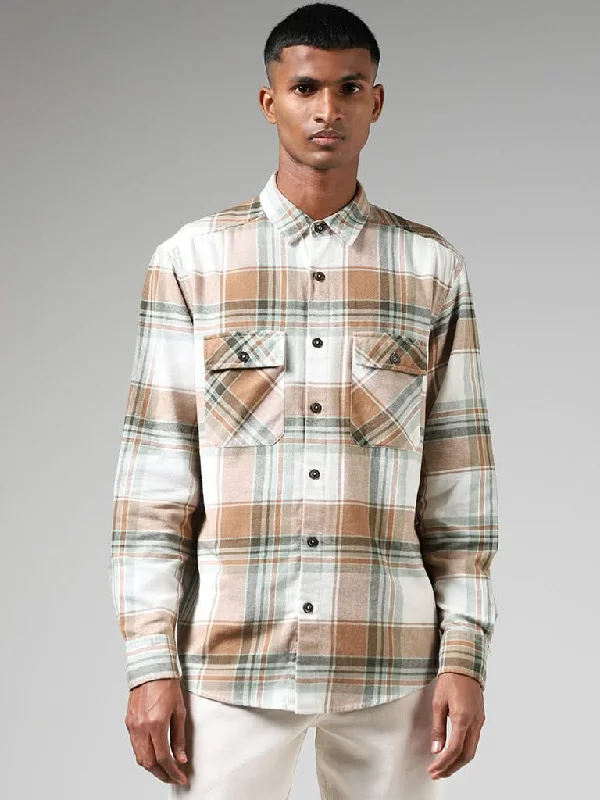Final Markdown Nuon Off White Plaid Checked Cotton Relaxed-Fit Shirt