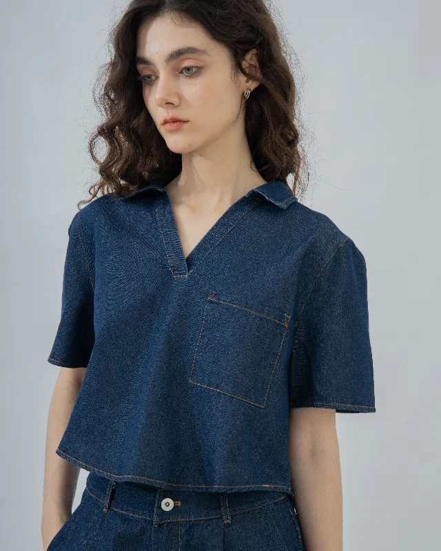 Super Savings Open Collar Oversize Denim Top (Denim)