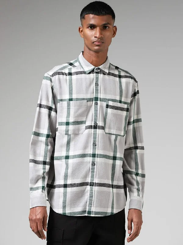 Huge Discounts Nuon Grey Plaid Checked Cotton Relaxed-Fit Shirt