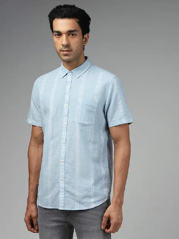 Don't Miss Out WES Casuals Light Blue Striped Slim-Fit Blended Linen Shirt