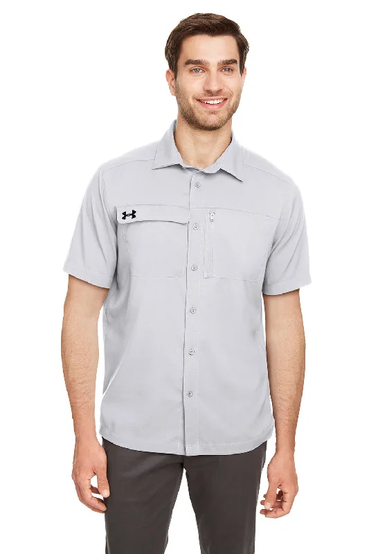 Big Deal Under Armour Mens Motivate Moisture Wicking Short Sleeve Button Down Shirt w/ Pocket - Halo Grey Big Deal Under Armour Mens Motivate Moisture Wicking Short Sleeve Button Down Shirt w/ Pocket - Halo Grey