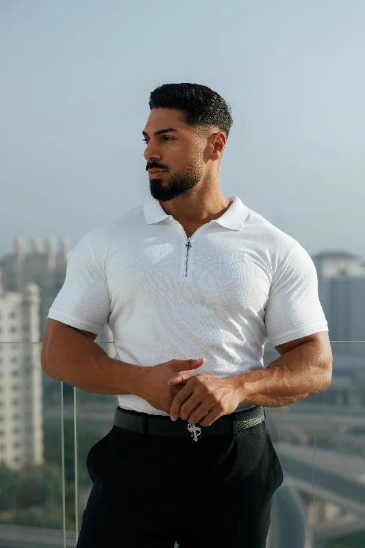 Final Clearance Father Sons Classic White and Silver Zipped Polo Shirt - FSH853