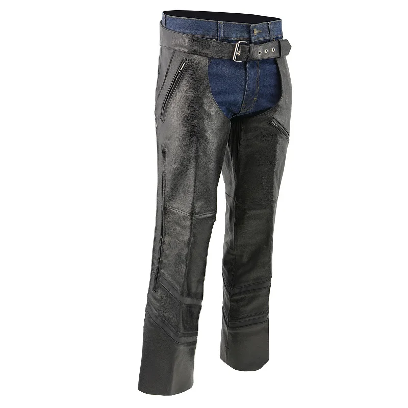 Seasonal Sale Men’s XS303 Black Jean Style Vented Leather Chaps with Reflective Material Seasonal Sale Men’s XS303 Black Jean Style Vented Leather Chaps with Reflective Material