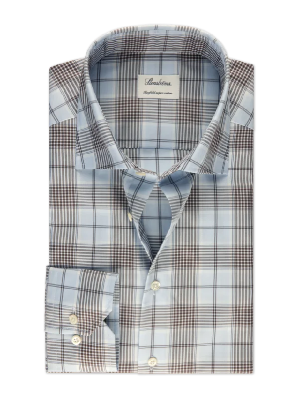 Weekend Price Cuts Galore Fitted Body Blue Checked Twill Shirt 602771 8732 103