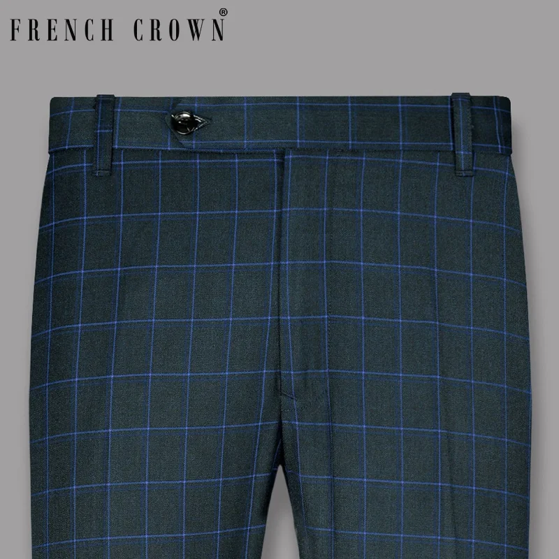 YEAR-End Clearance Charcoal with Blue Windowpane Wool Blend Pant