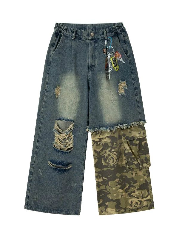 Final Clearance Camouflage Patchwork Workwear Straight Jeans
