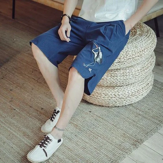 Special Discount Crane Embroidery Cotton Beach Pants Loose Pants Chinese Style Shorts