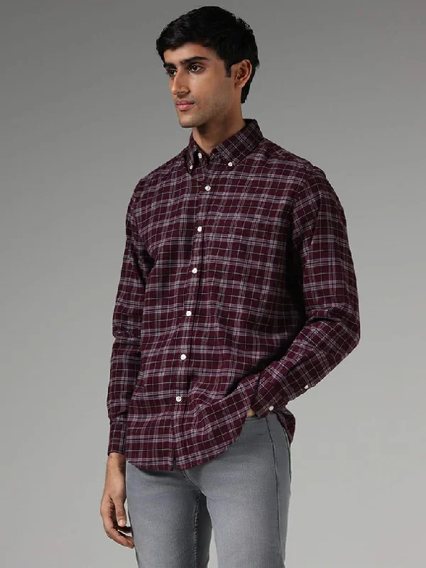 One-DAY Sale WES Casuals Wine Checked Relaxed-Fit Shirt
