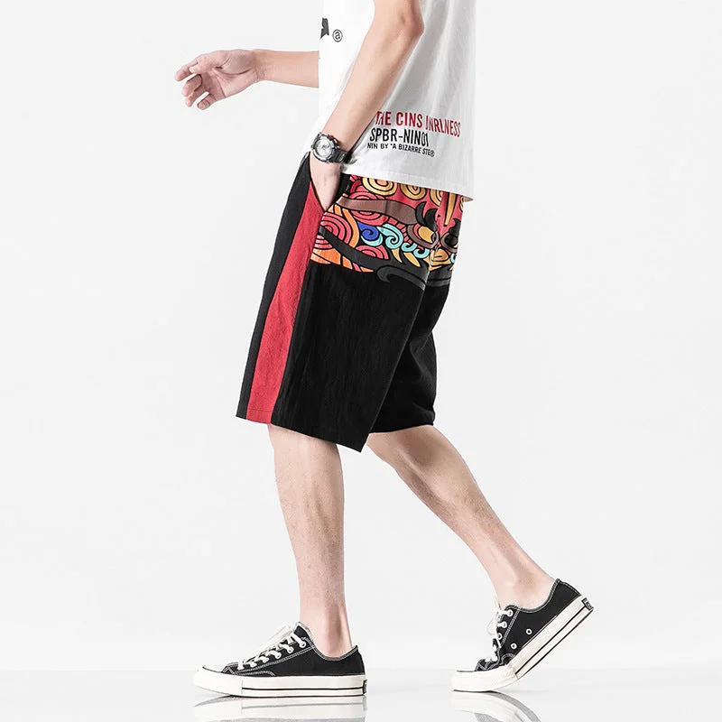 Super Sale Kylin Print Linen Beach Pants Loose Pants Chinese Style Shorts